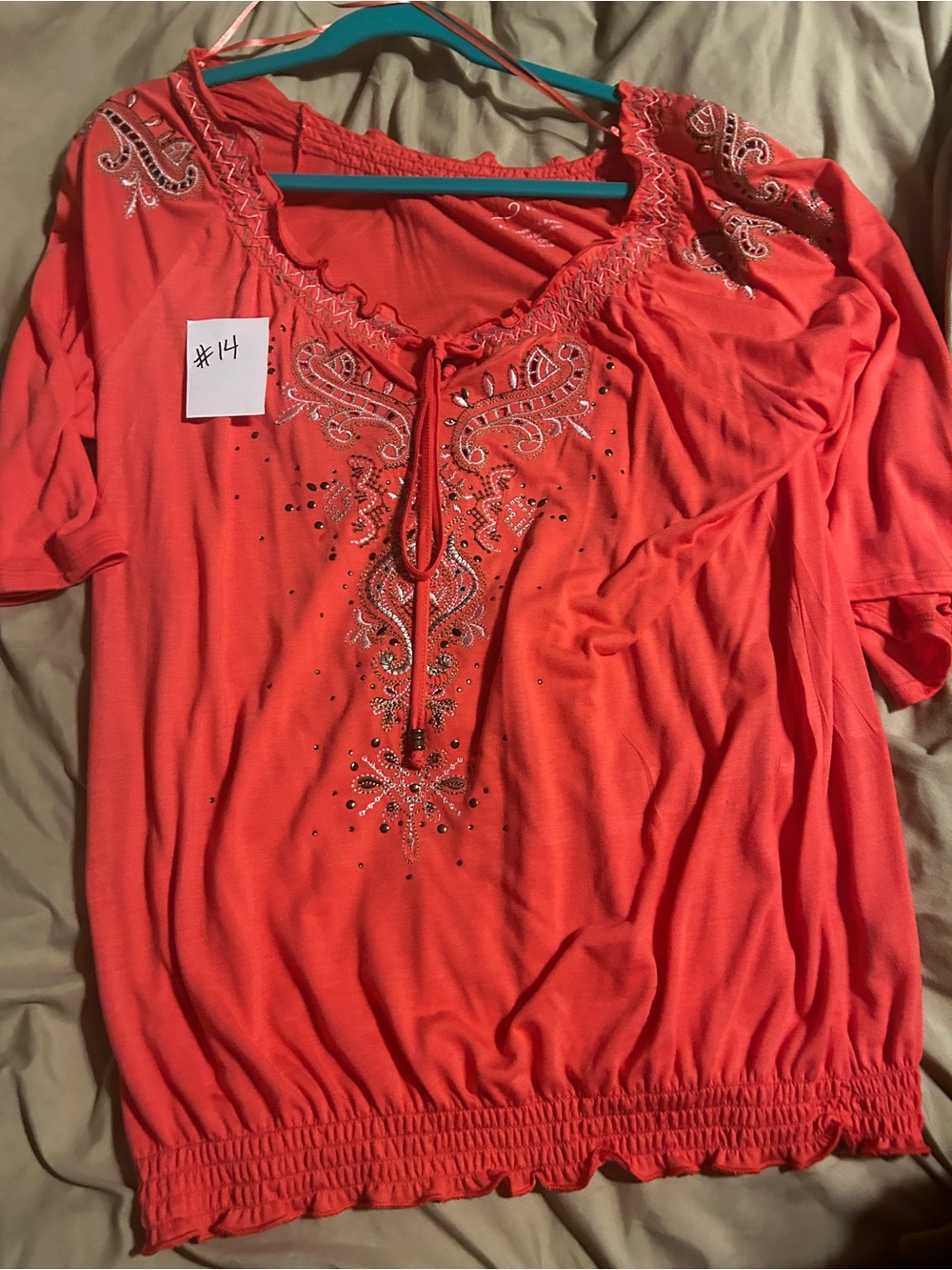RXB Coral Embellished Peasant Top with Tie Neck